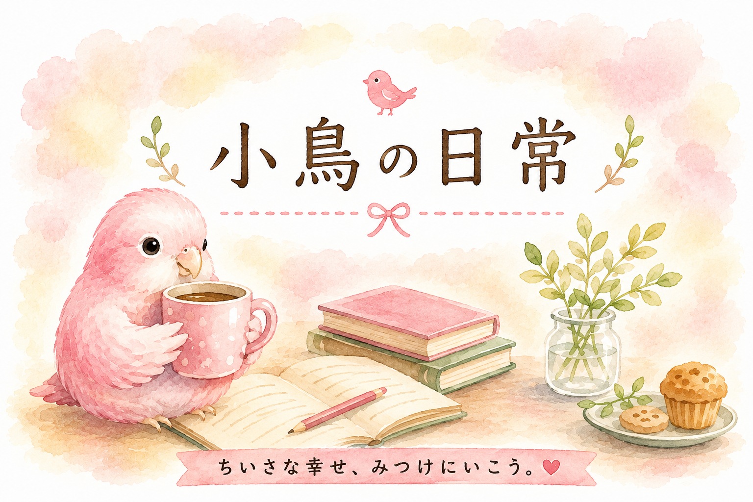 「小鳥の日常」のアイキャッチ画像。ピンクの小鳥と本、マグカップが描かれた水彩イラスト。