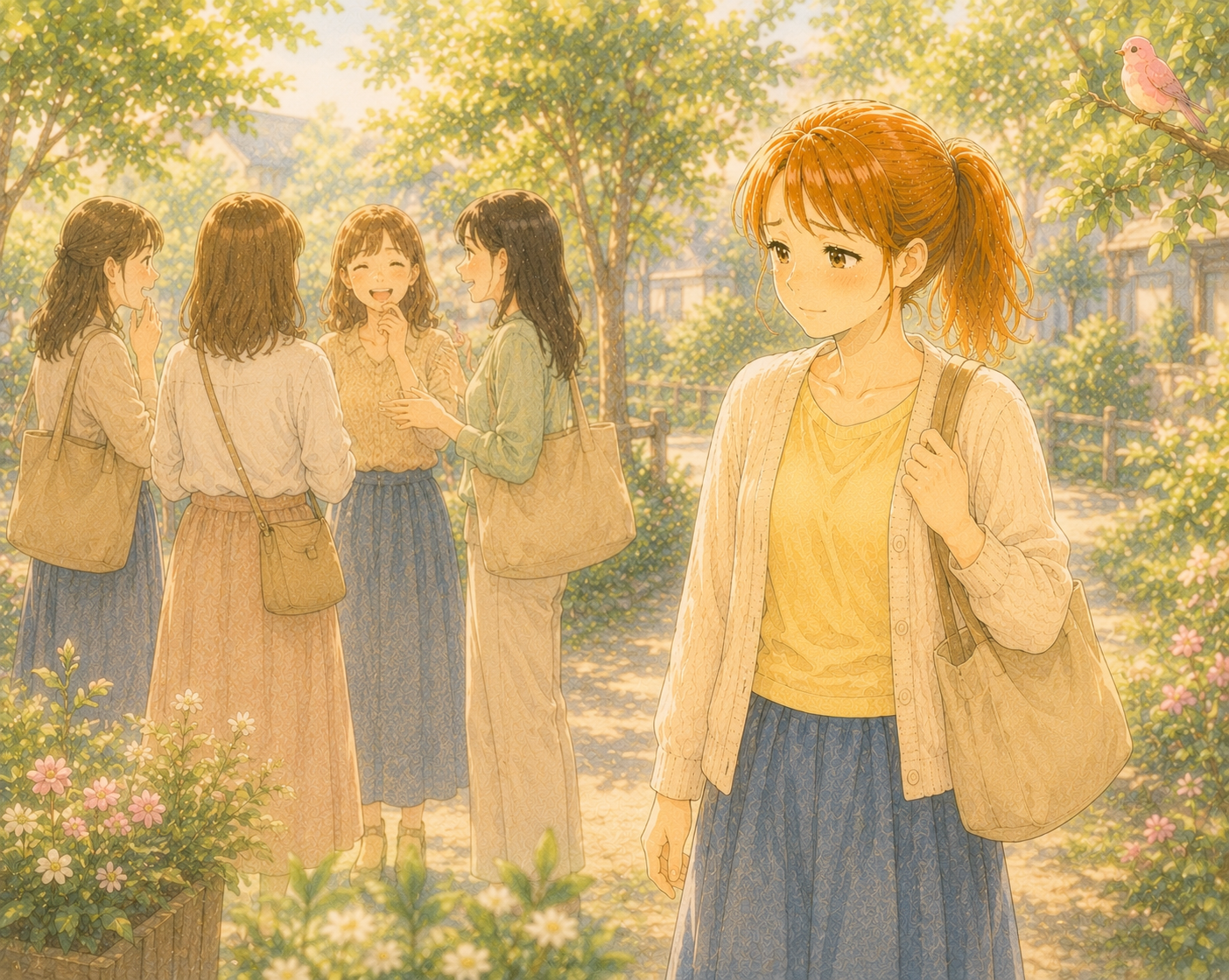 楽しそうに会話をするグループを見つめながら、少し寂しそうな表情で距離を取る女性のイラスト。我慢を重ねた末に人間関係から離れる心理を表現している。