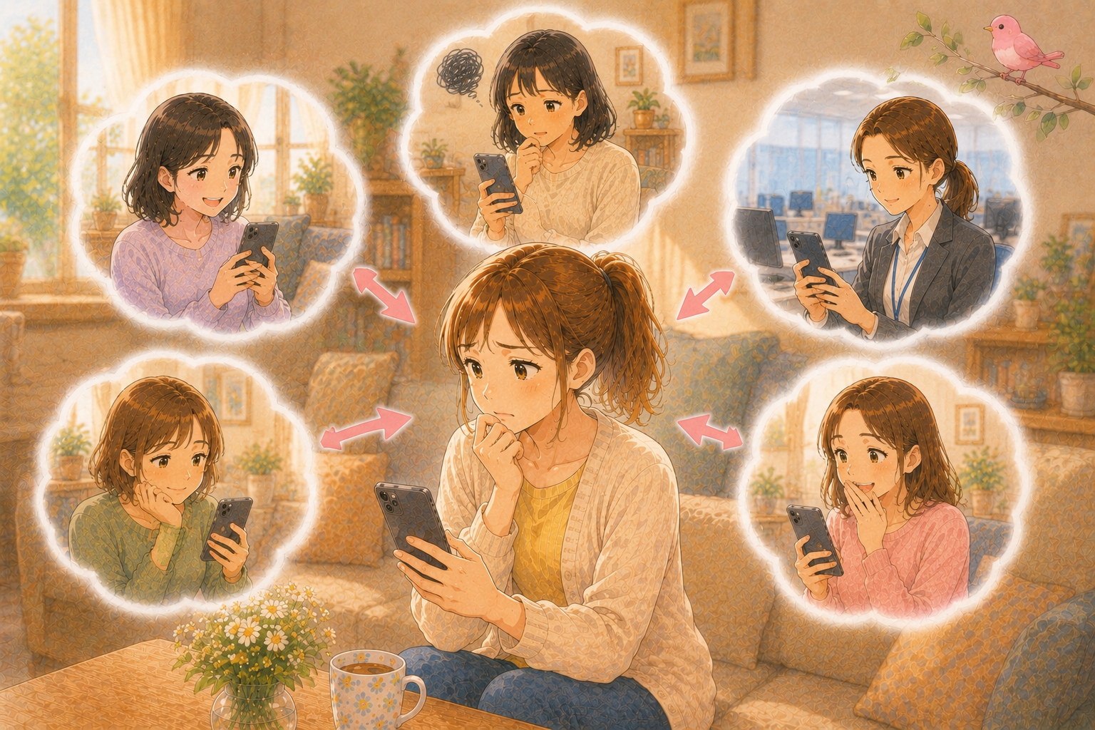 LINEの返信や相手の反応気にして悩む女性と、それぞれ異なる反応を見せる人たちを描いたイラスト。空気を読みすぎて疲れる様子を表現している。