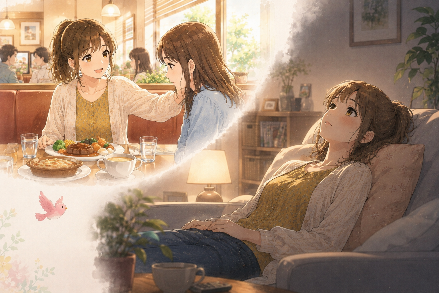 人に気を遣い続け、帰宅後に疲れを感じている女性のイラスト。